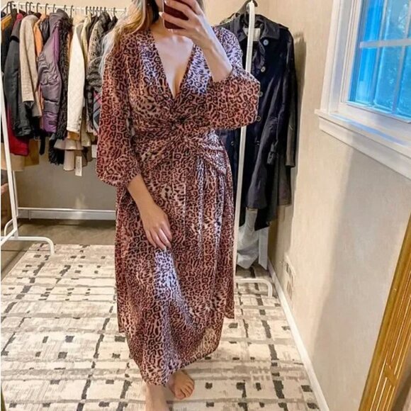 Anthropologie Ranna Gill Midi Dress M NWT Leopard Print Cut Out Puff Party Fall - Picture 1 of 14